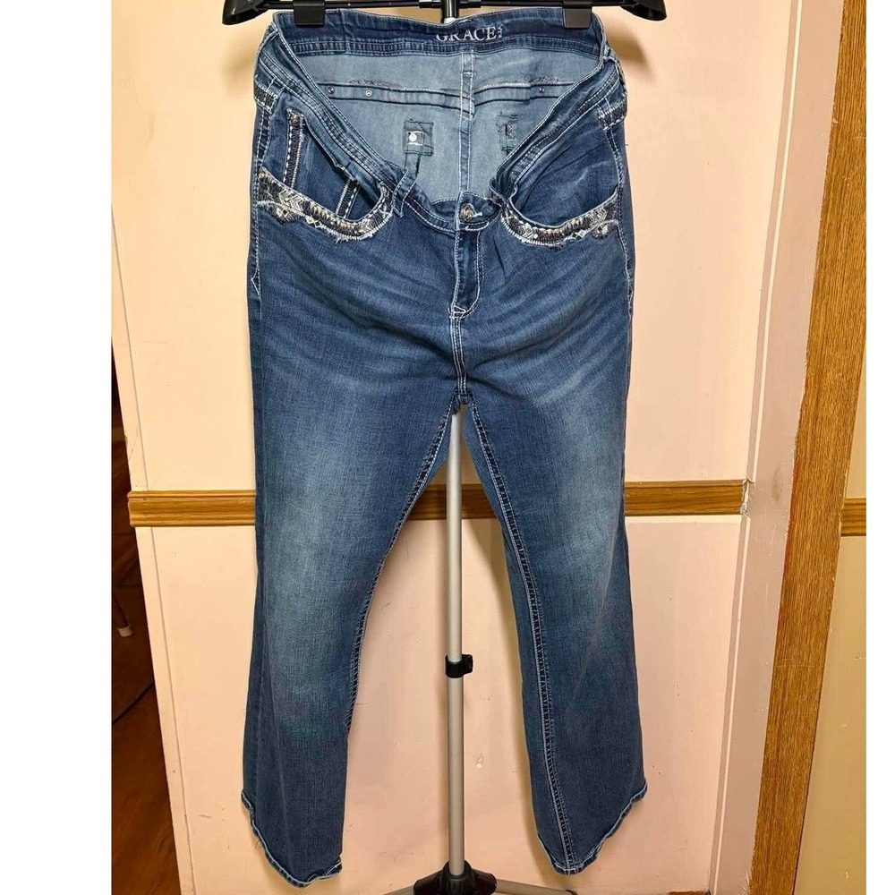 Grace in LA Womens Plus Size 18 Bootcut Jeans Embroidered Bling Pockets Blue Y2K